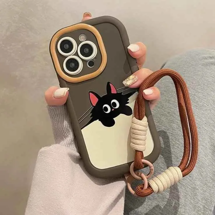 Cartoon Cat Puppy Cute Phone Case with Lanyard for iPhone 15 Pro Max, 14, 13, 11, 12