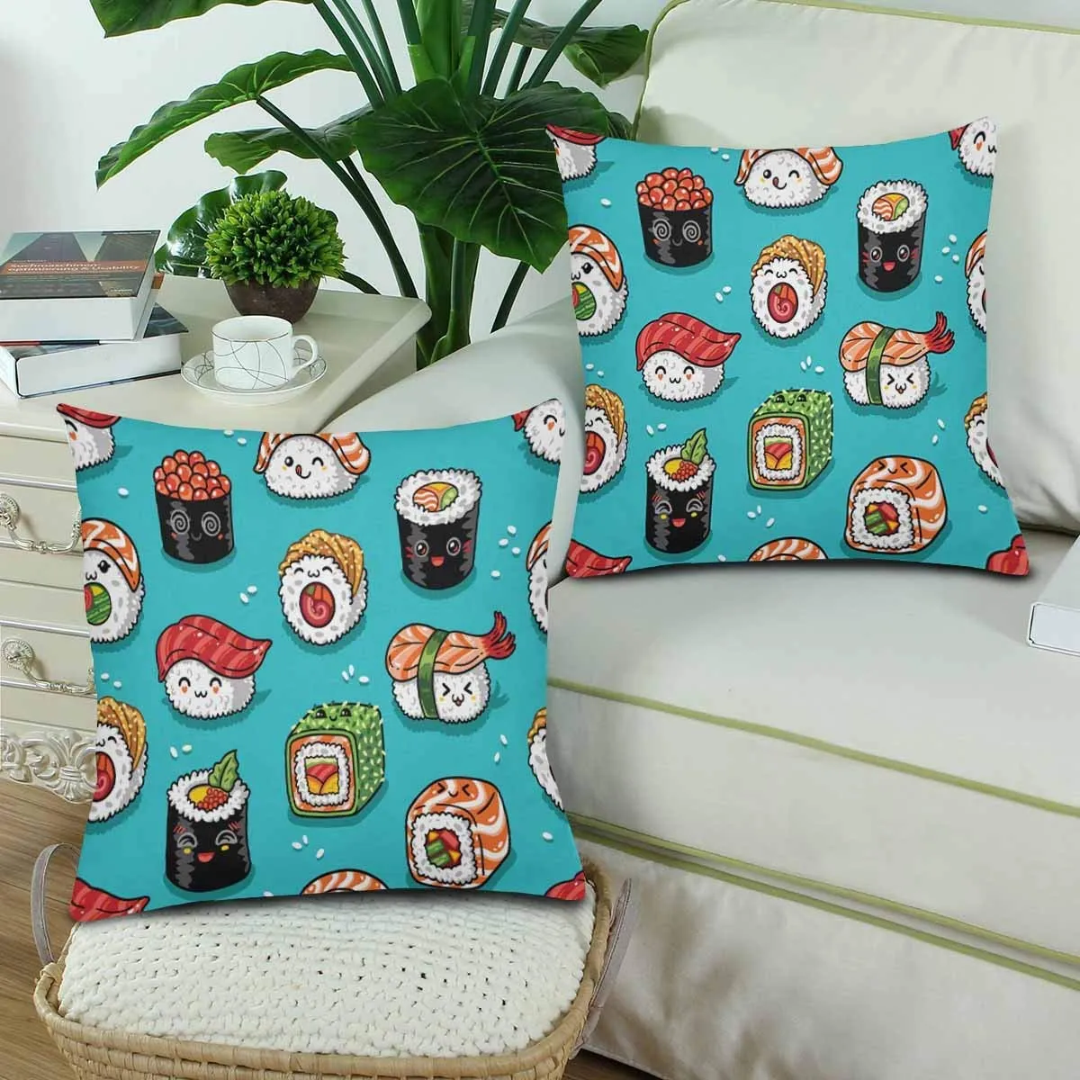 Cartoon Rolls Sushi Tasty Japanese Food Pillowcase Throw Pillow Covers 18x18 Set of 2, Pillow Sham Cases Protector for Home Couch Sofa Bedding Decorative