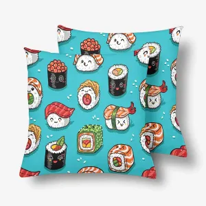 Cartoon Rolls Sushi Tasty Japanese Food Pillowcase Throw Pillow Covers 18x18 Set of 2, Pillow Sham Cases Protector for Home Couch Sofa Bedding Decorative