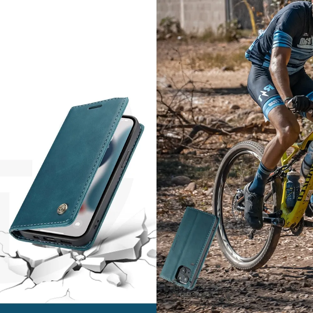Caseme - iPhone 13 Mini Leather Case Flip Wallet Case with Card Slots - Blue / Green
