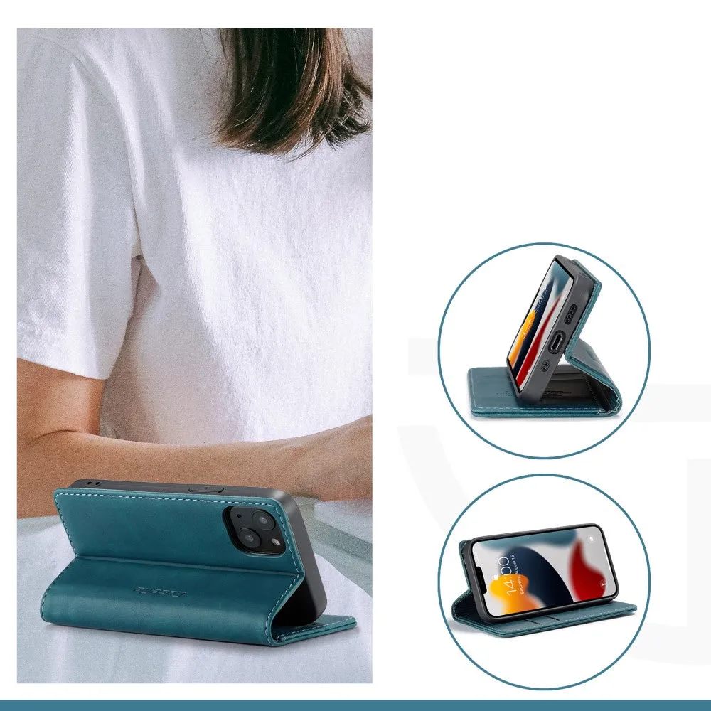 Caseme - iPhone 13 Mini Leather Case Flip Wallet Case with Card Slots - Blue / Green