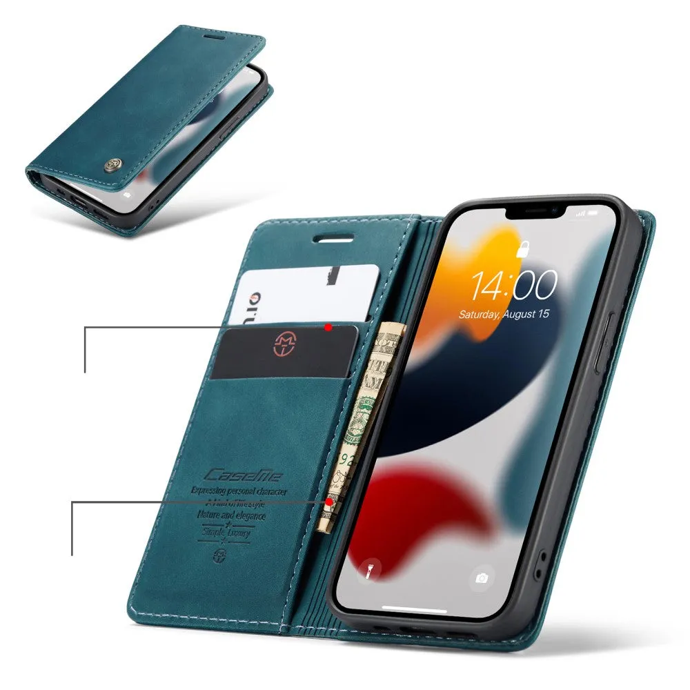Caseme - iPhone 13 Mini Leather Case Flip Wallet Case with Card Slots - Blue / Green