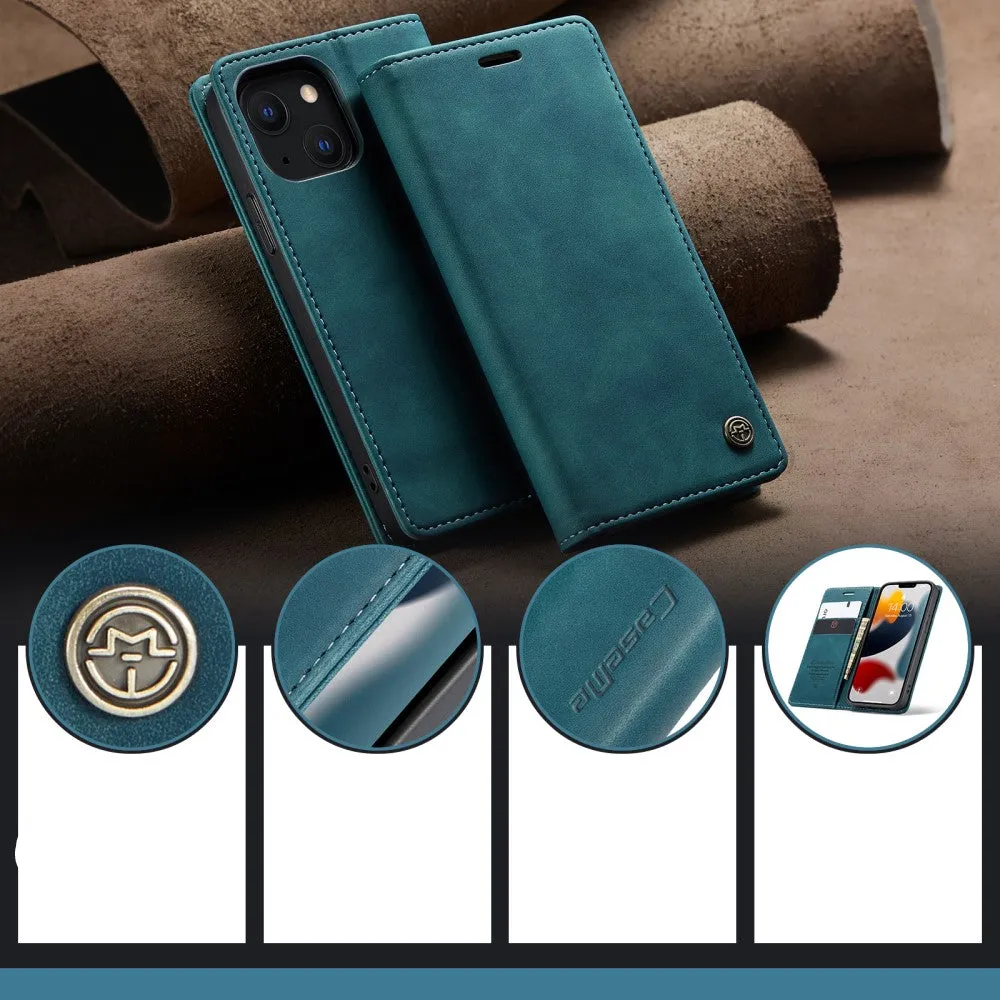 Caseme - iPhone 13 Mini Leather Case Flip Wallet Case with Card Slots - Blue / Green