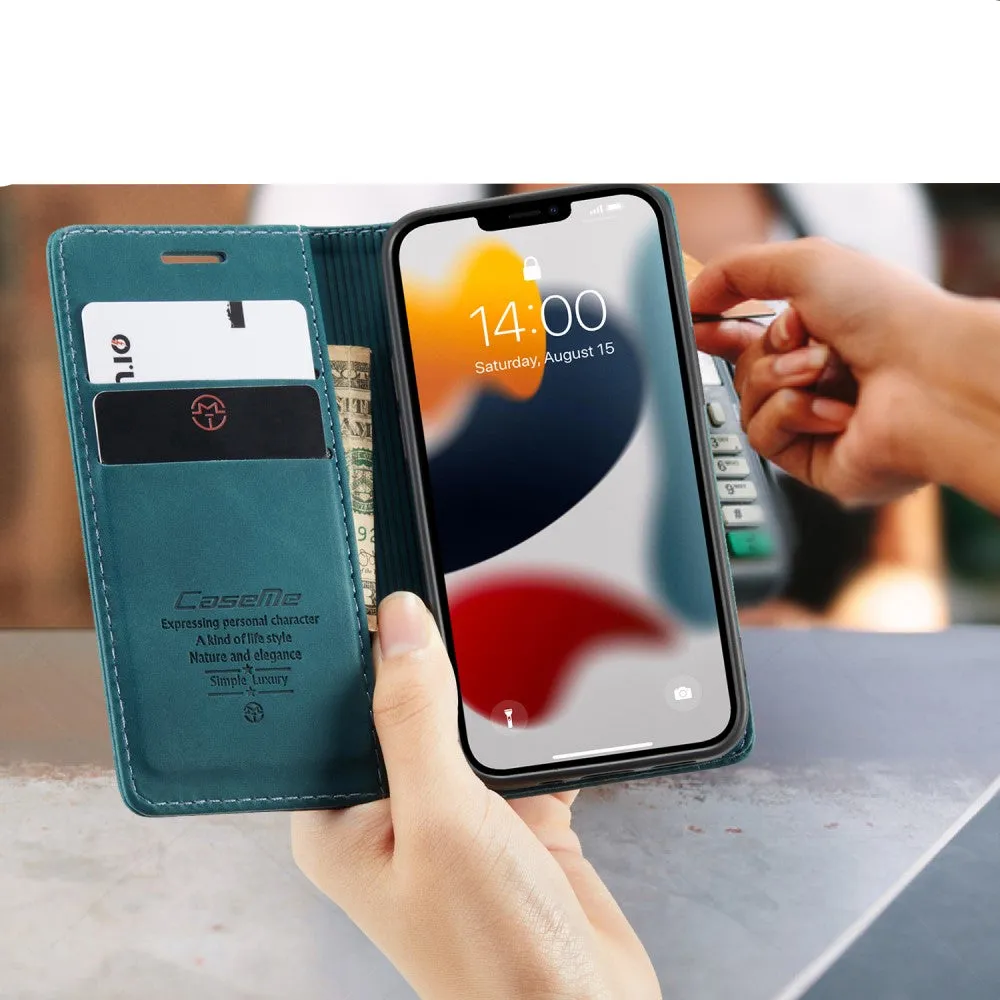 Caseme - iPhone 13 Mini Leather Case Flip Wallet Case with Card Slots - Blue / Green