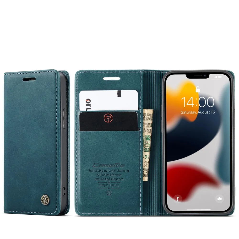 Caseme - iPhone 13 Mini Leather Case Flip Wallet Case with Card Slots - Blue / Green