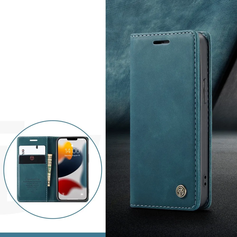 Caseme - iPhone 13 Mini Leather Case Flip Wallet Case with Card Slots - Blue / Green