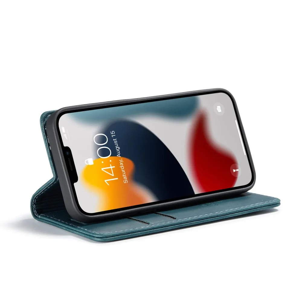 Caseme - iPhone 13 Mini Leather Case Flip Wallet Case with Card Slots - Blue / Green
