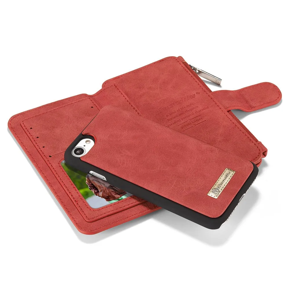 Caseme - iPhone SE (2022/2020) / 8 / 7 Genuine leather 3in1 case   hard case and card holder (vertical fold-out) - Red