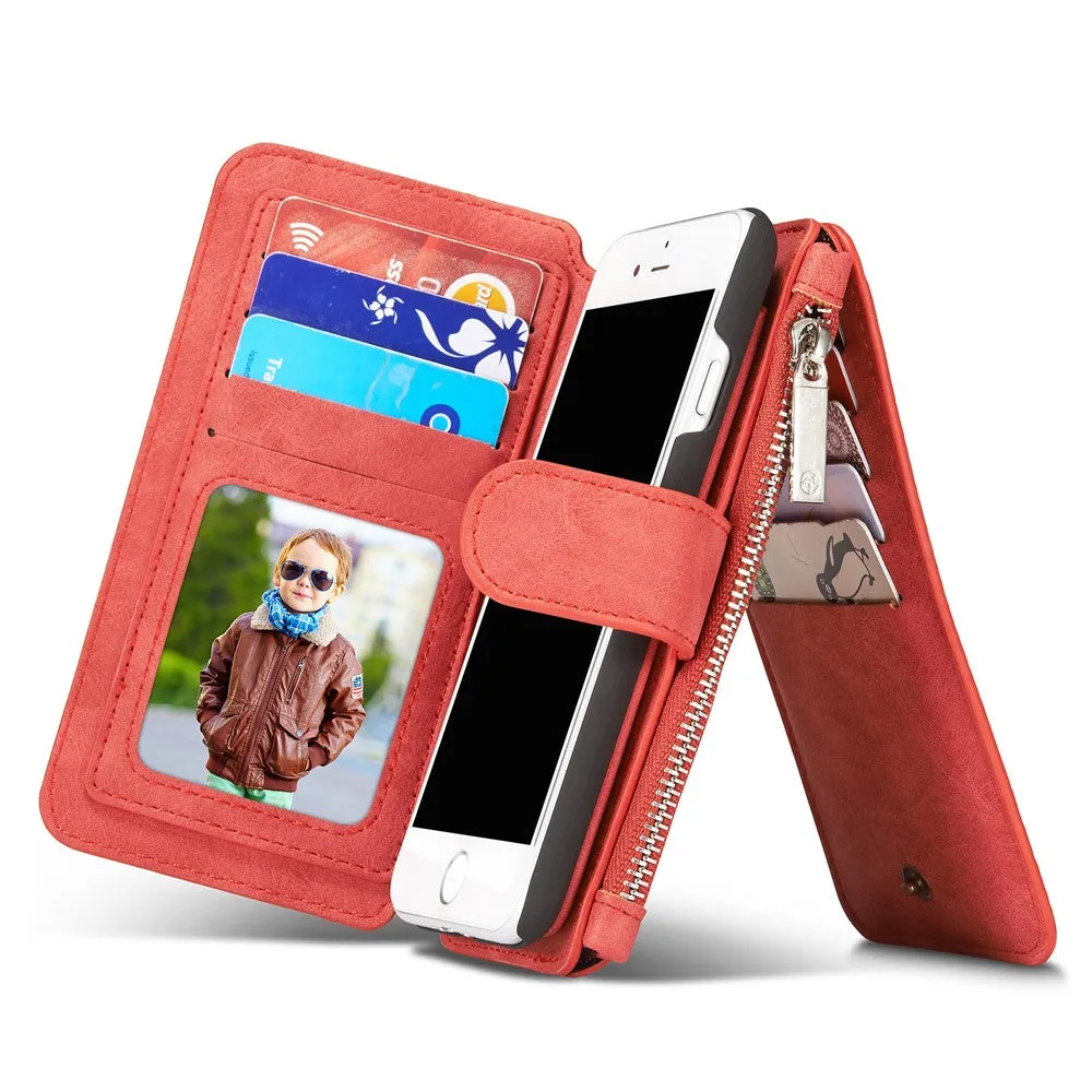 Caseme - iPhone SE (2022/2020) / 8 / 7 Genuine leather 3in1 case   hard case and card holder (vertical fold-out) - Red