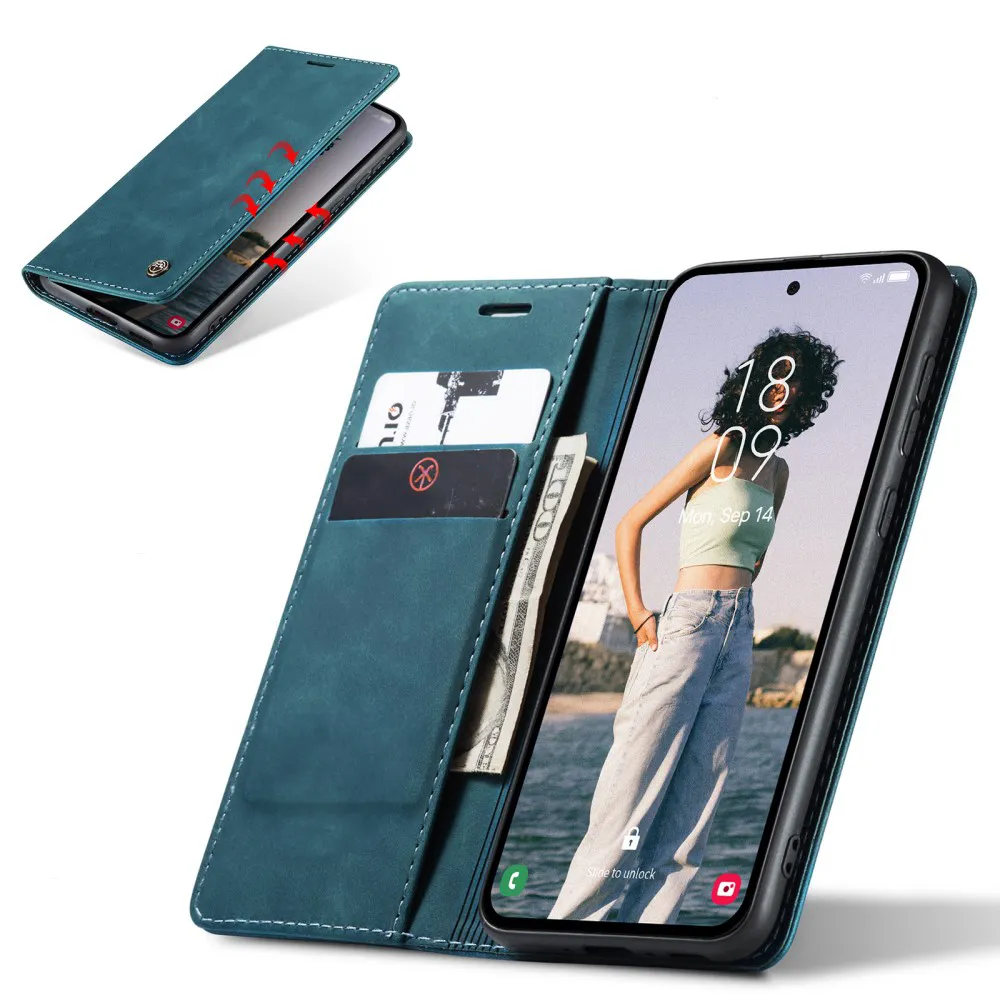 Caseme - Samsung Galaxy A55 Leather Case Flip Wallet Case with Card Slots - Blue