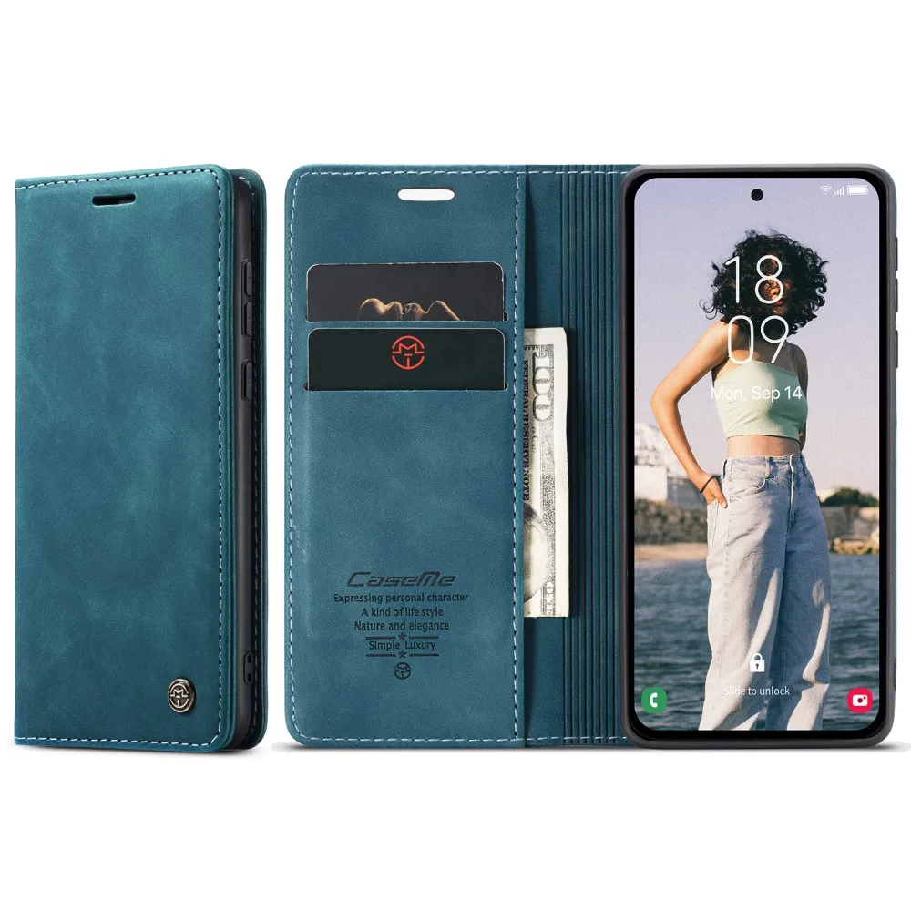 Caseme - Samsung Galaxy A55 Leather Case Flip Wallet Case with Card Slots - Blue