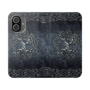 Celtic-Inspired Grey Leather Flip Cover Phone Case