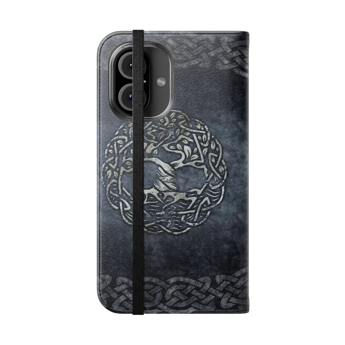 Celtic-Inspired Grey Leather Flip Cover Phone Case