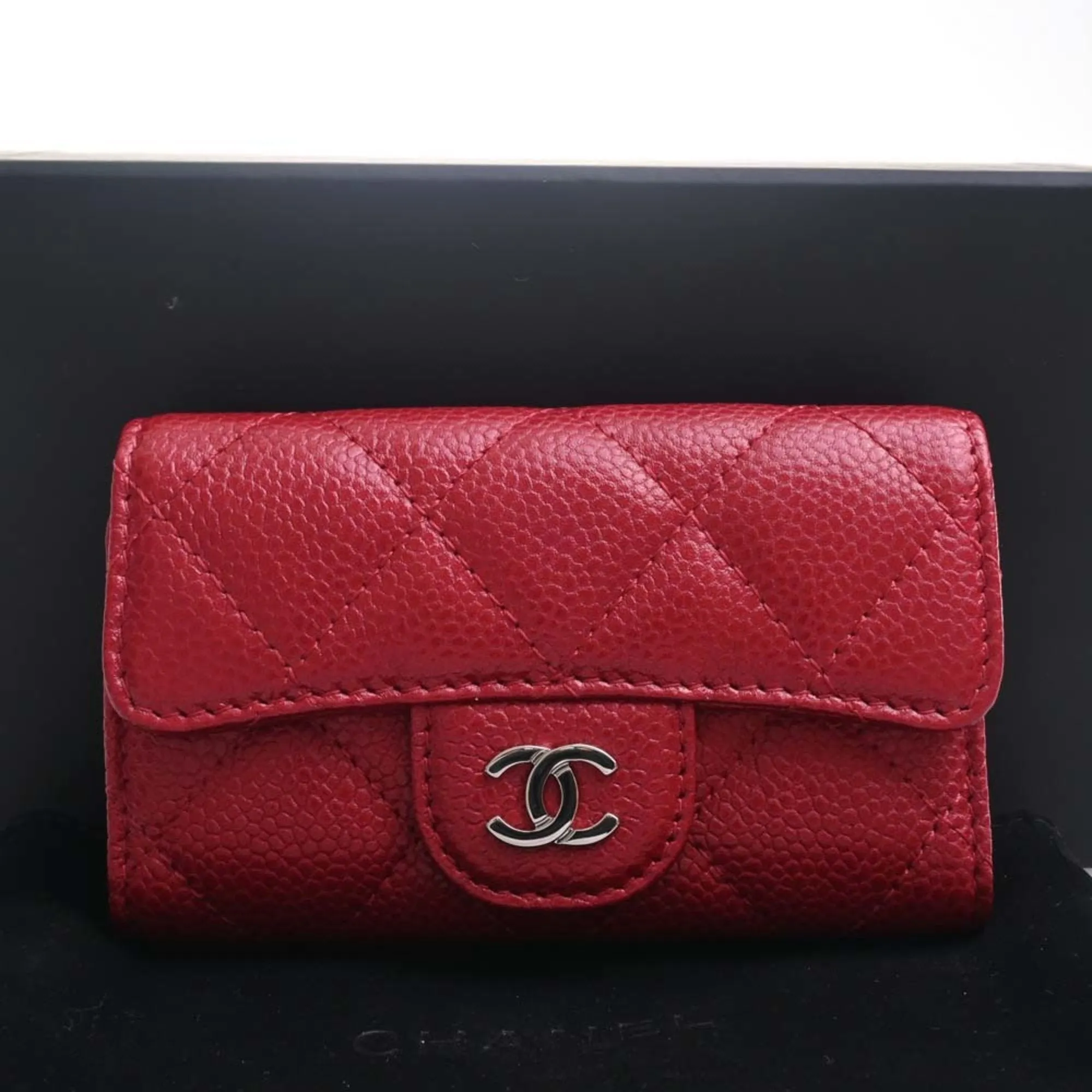 CHANEL Caviar Skin Matelasse Coco Mark 6 Row Key Case Red Ladies