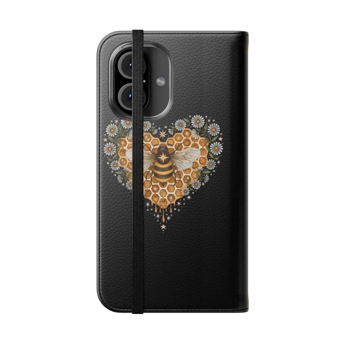 Charming Heart-Shaped Flip Cover Phone Case with Bee and Floral Motifs