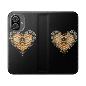 Charming Heart-Shaped Flip Cover Phone Case with Bee and Floral Motifs