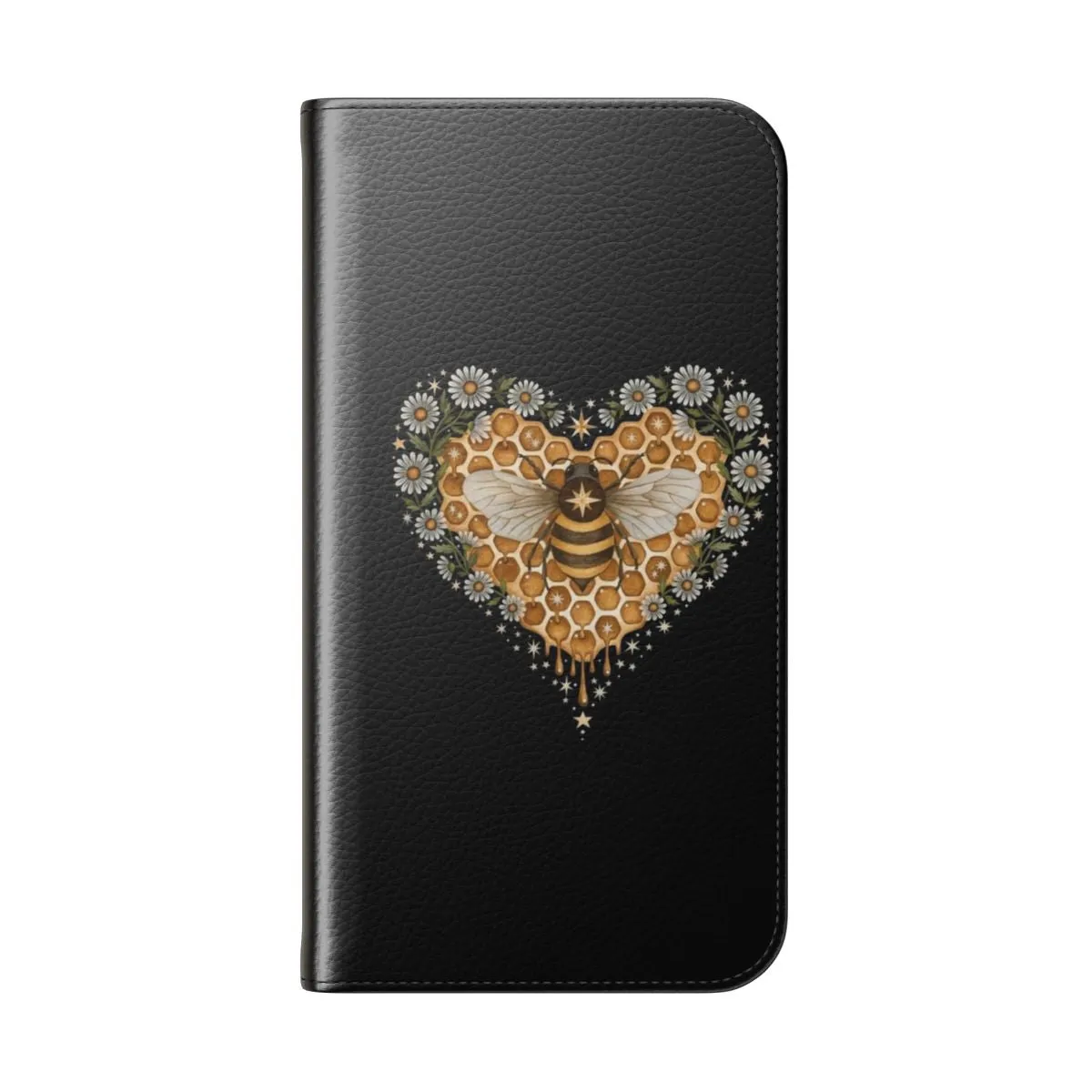 Charming Heart-Shaped Flip Cover Phone Case with Bee and Floral Motifs