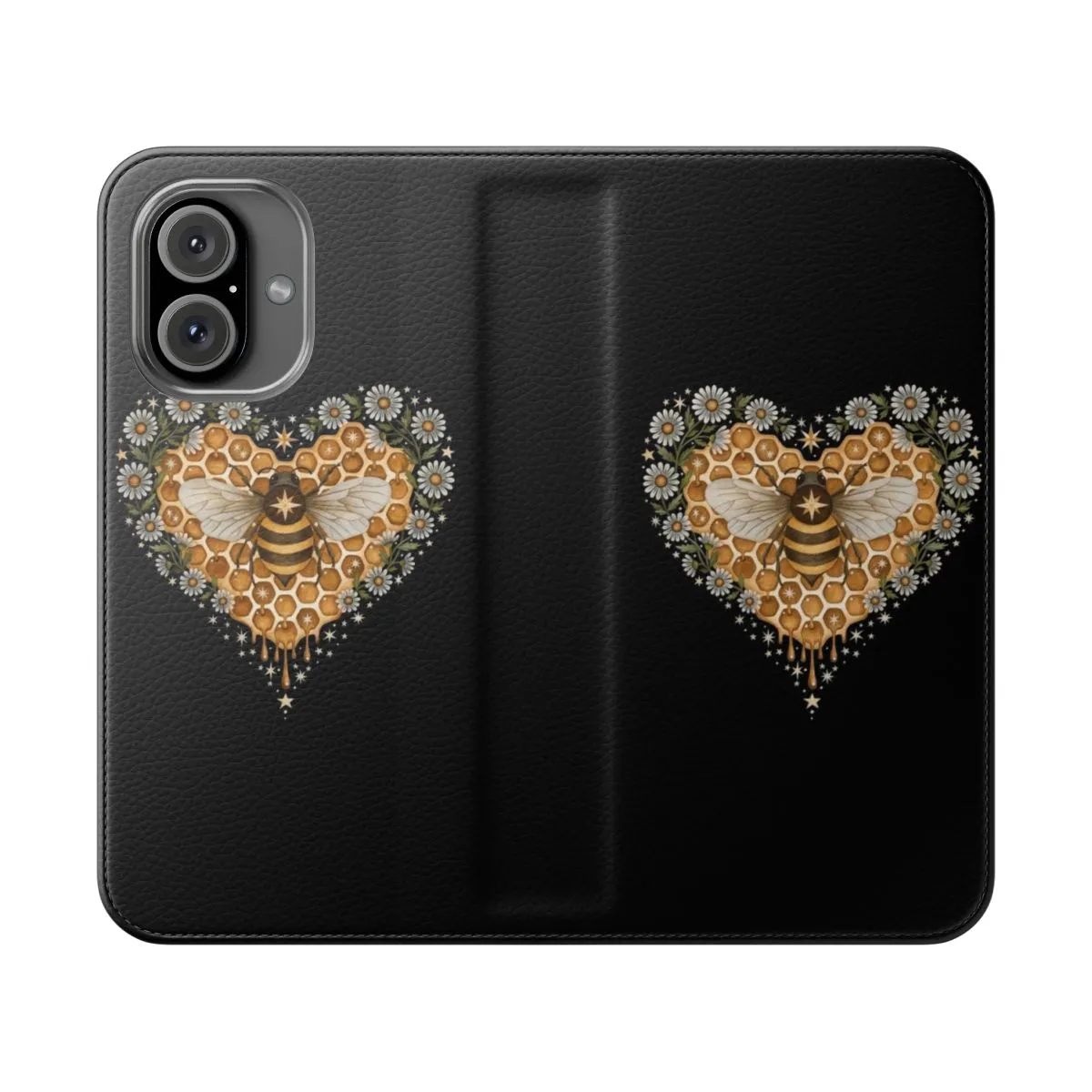 Charming Heart-Shaped Flip Cover Phone Case with Bee and Floral Motifs