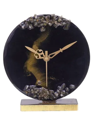 CHRONIKLE Elegant Epoxy-Resin Round Handmade with Golden Color Shade and Stone Art Home Office Decor Black Analog Table Clock Without Glass for Gift (Size: 15x4.5x17 CM | Weight: 225 Gram)