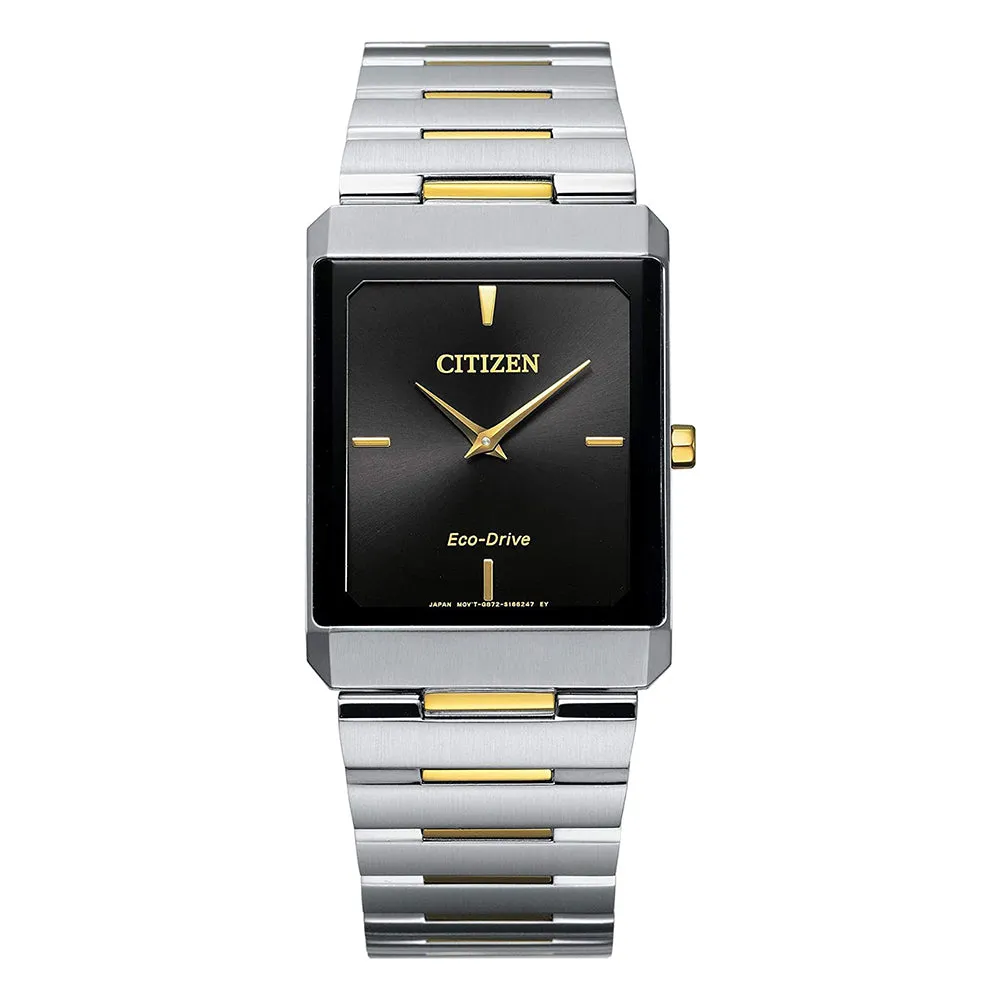 Citizen Unisex Stiletto Eco-Drive Black Dial Silver Band Two Tone Stainless Steel Bracelet Watch - AR3104-55E