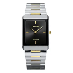 Citizen Unisex Stiletto Eco-Drive Black Dial Silver Band Two Tone Stainless Steel Bracelet Watch - AR3104-55E