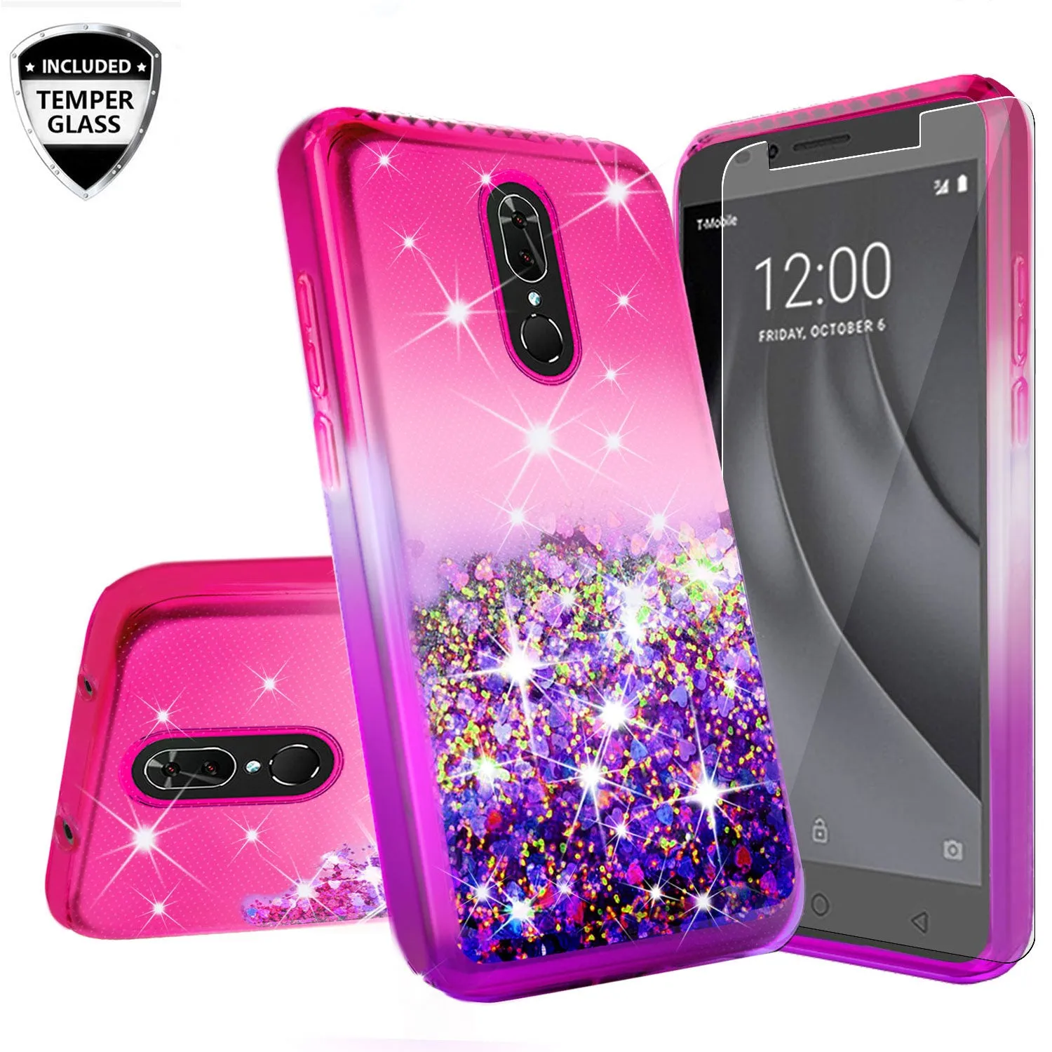 Coolpad Legacy Case Liquid Glitter Phone Case Waterfall Floating Quicksand Bling Sparkle Cute Protective Girls Women Cover for Coolpad Legacy W/Temper Glass- (Hot Pink/Purple Gradient)