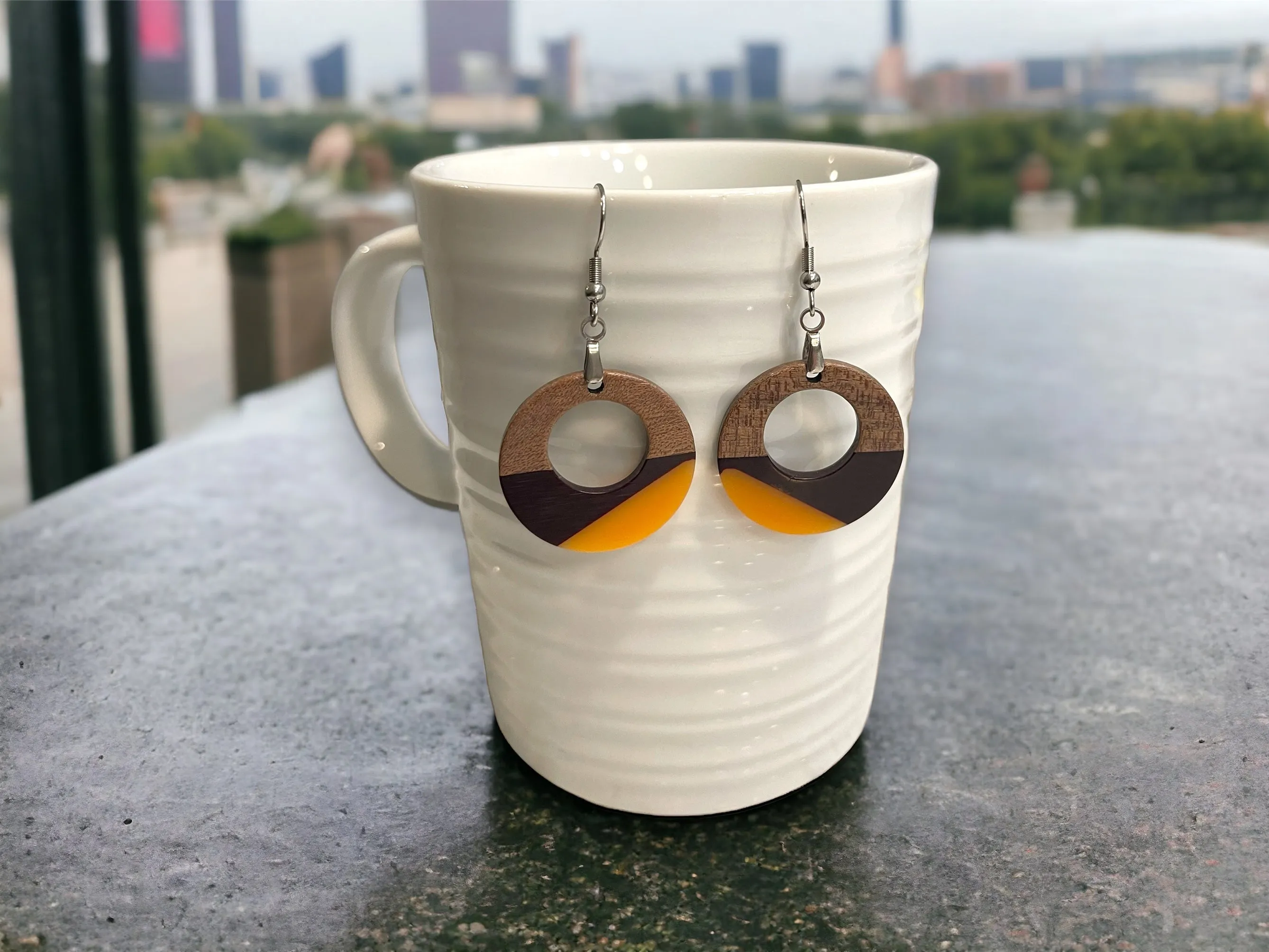 Copy of Copy of EARRINGS Natural Wood  [White & Black Resin, or Grey or Coral] Stainless steel Hypo-Allergenic Hooks [ Hanging Dangle Boho] Light weight Wood