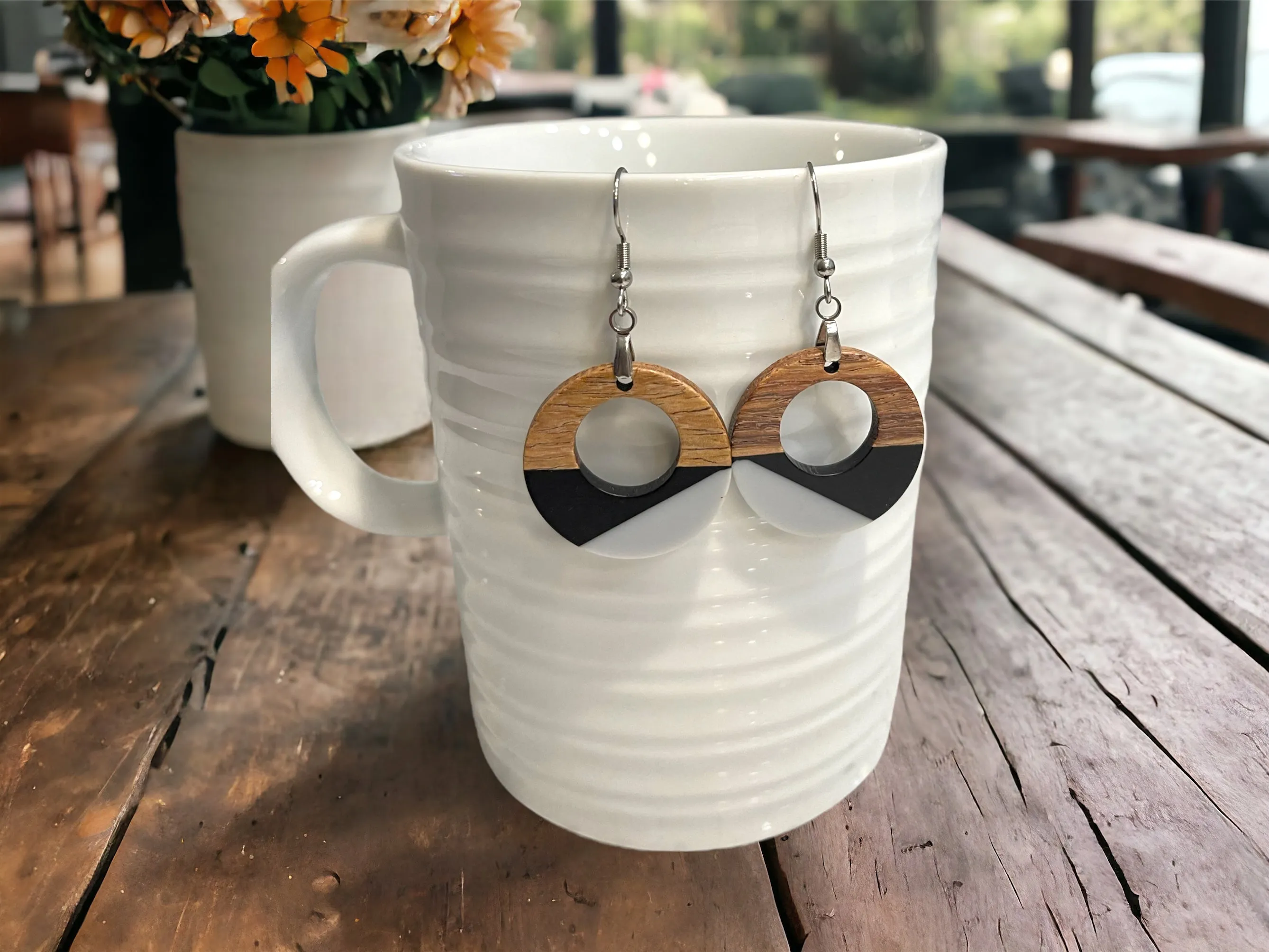 Copy of Copy of EARRINGS Natural Wood  [White & Black Resin, or Grey or Coral] Stainless steel Hypo-Allergenic Hooks [ Hanging Dangle Boho] Light weight Wood