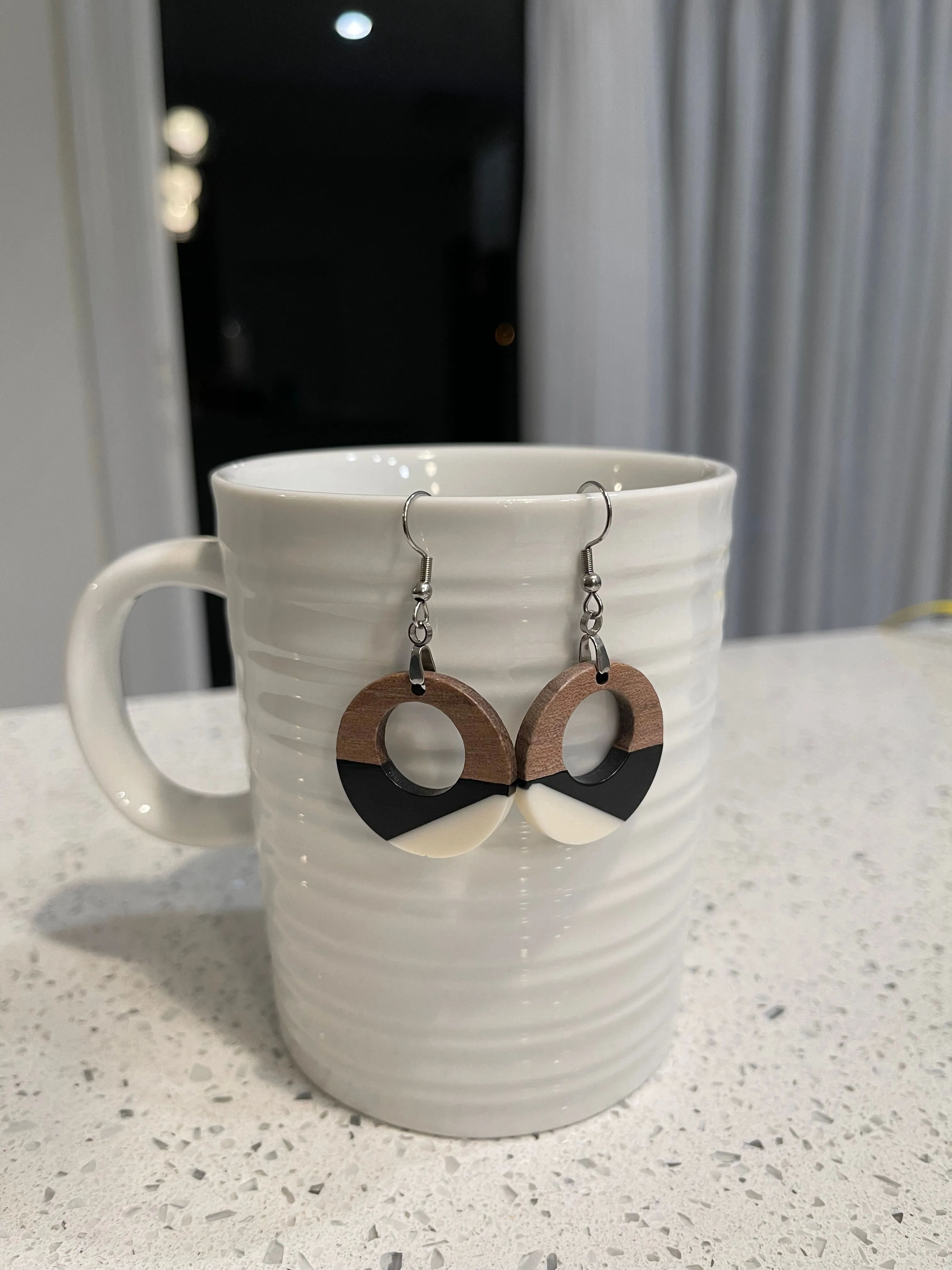 Copy of Copy of EARRINGS Natural Wood  [White & Black Resin, or Grey or Coral] Stainless steel Hypo-Allergenic Hooks [ Hanging Dangle Boho] Light weight Wood