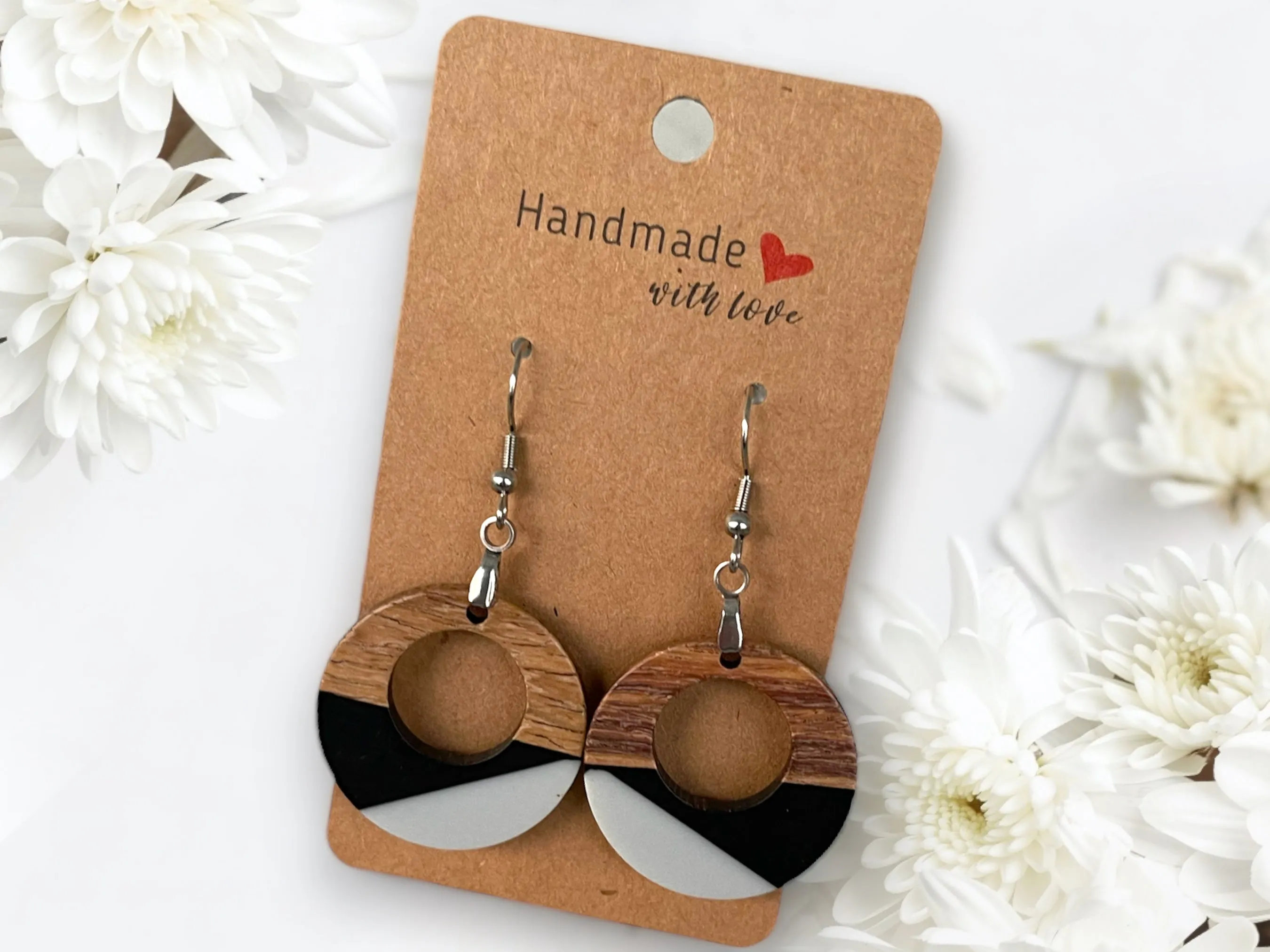 Copy of Copy of EARRINGS Natural Wood  [White & Black Resin, or Grey or Coral] Stainless steel Hypo-Allergenic Hooks [ Hanging Dangle Boho] Light weight Wood
