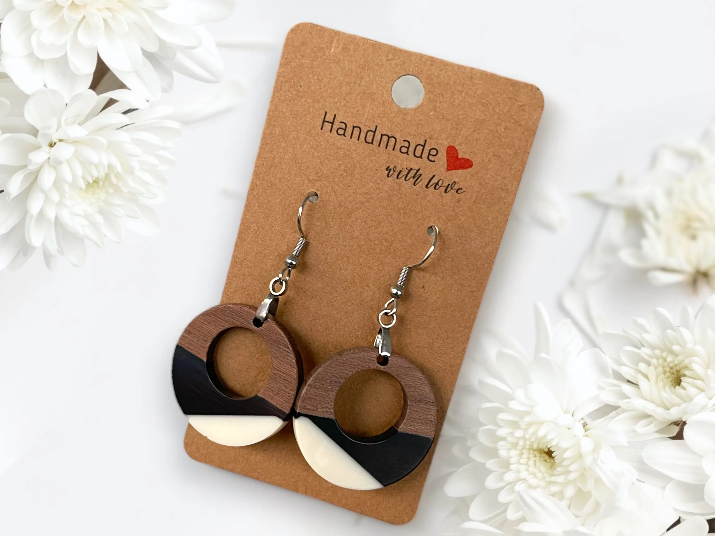 Copy of Copy of EARRINGS Natural Wood  [White & Black Resin, or Grey or Coral] Stainless steel Hypo-Allergenic Hooks [ Hanging Dangle Boho] Light weight Wood