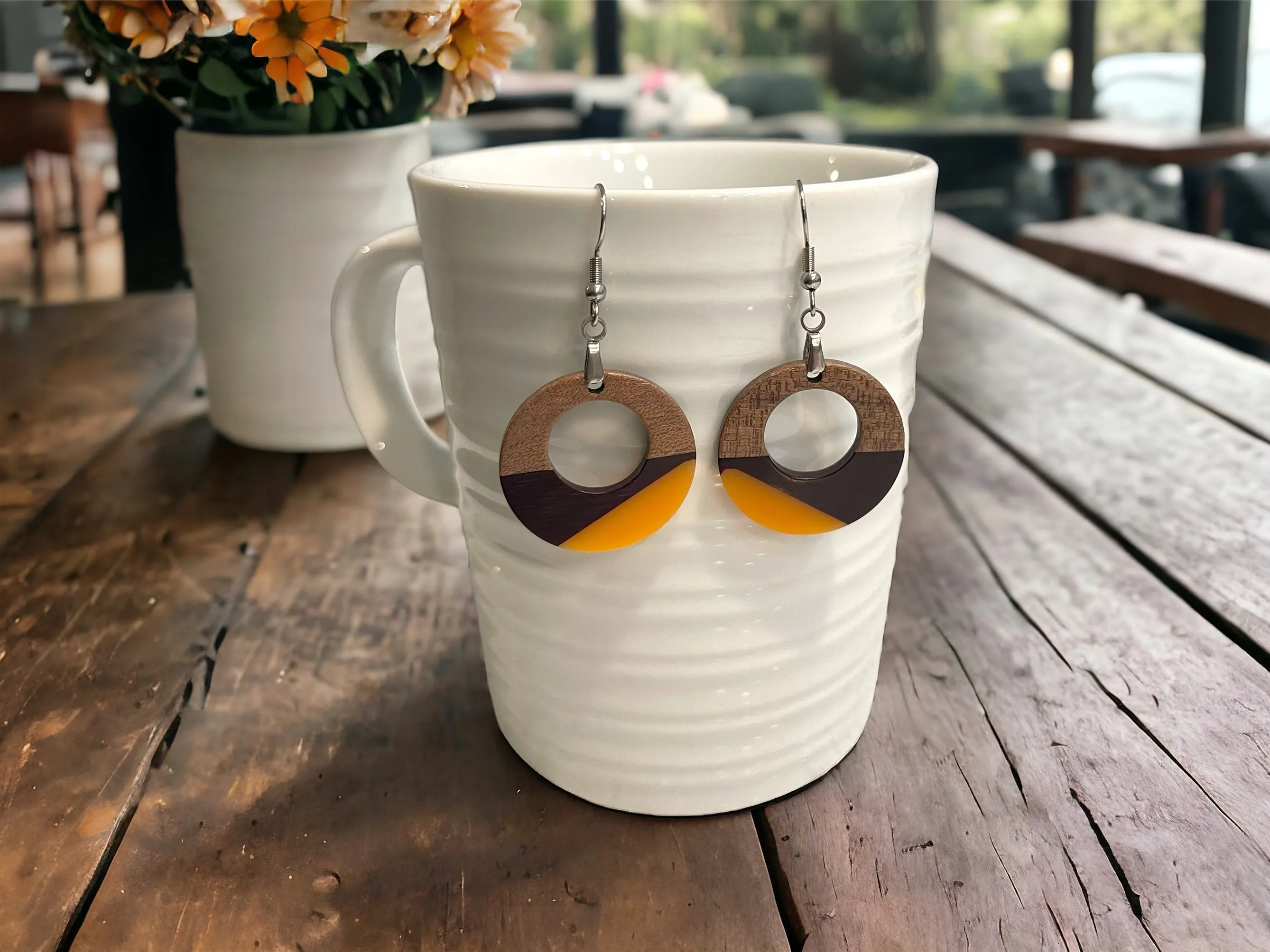 Copy of Copy of EARRINGS Natural Wood  [White & Black Resin, or Grey or Coral] Stainless steel Hypo-Allergenic Hooks [ Hanging Dangle Boho] Light weight Wood