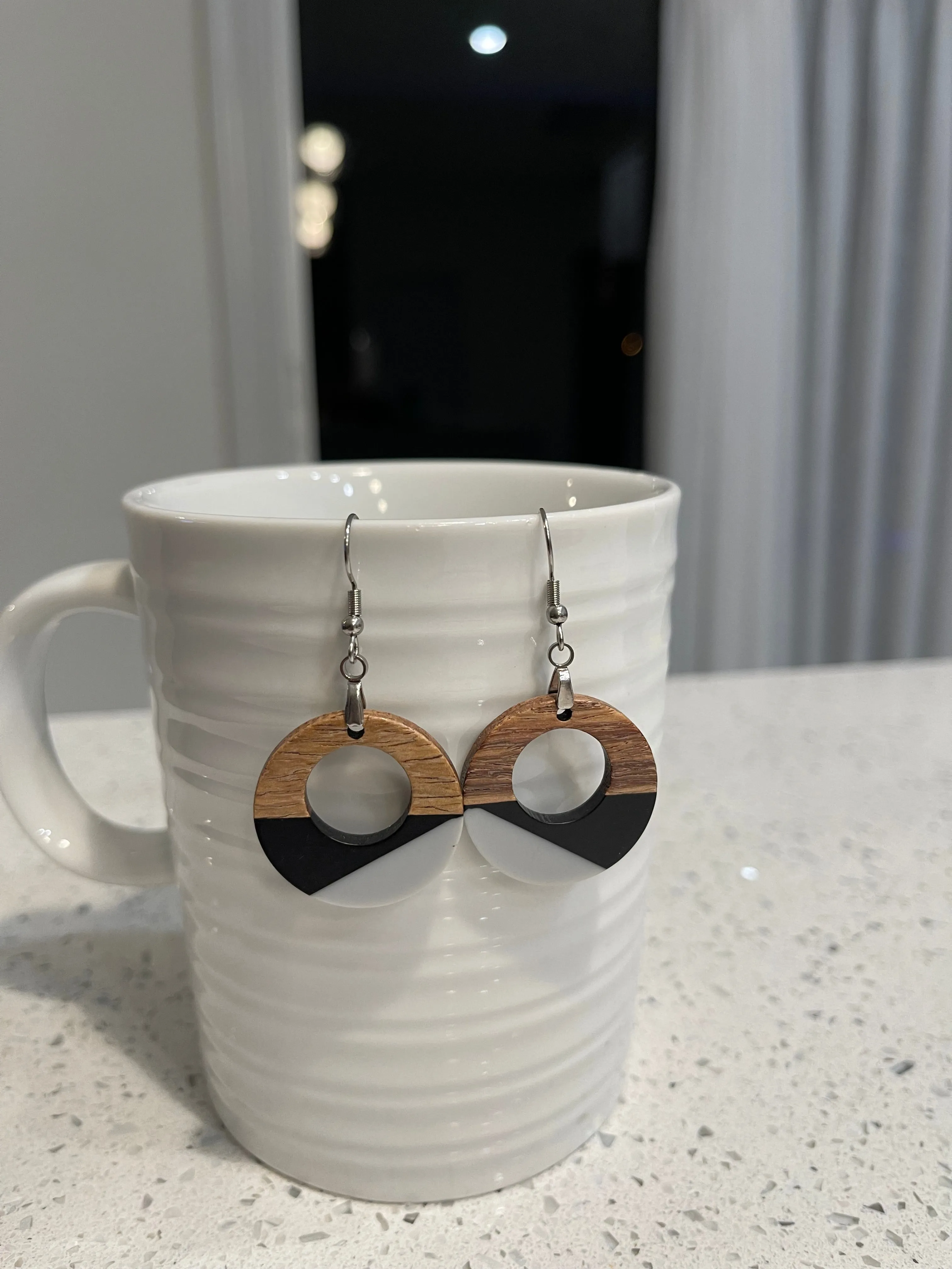 Copy of Copy of EARRINGS Natural Wood  [White & Black Resin, or Grey or Coral] Stainless steel Hypo-Allergenic Hooks [ Hanging Dangle Boho] Light weight Wood