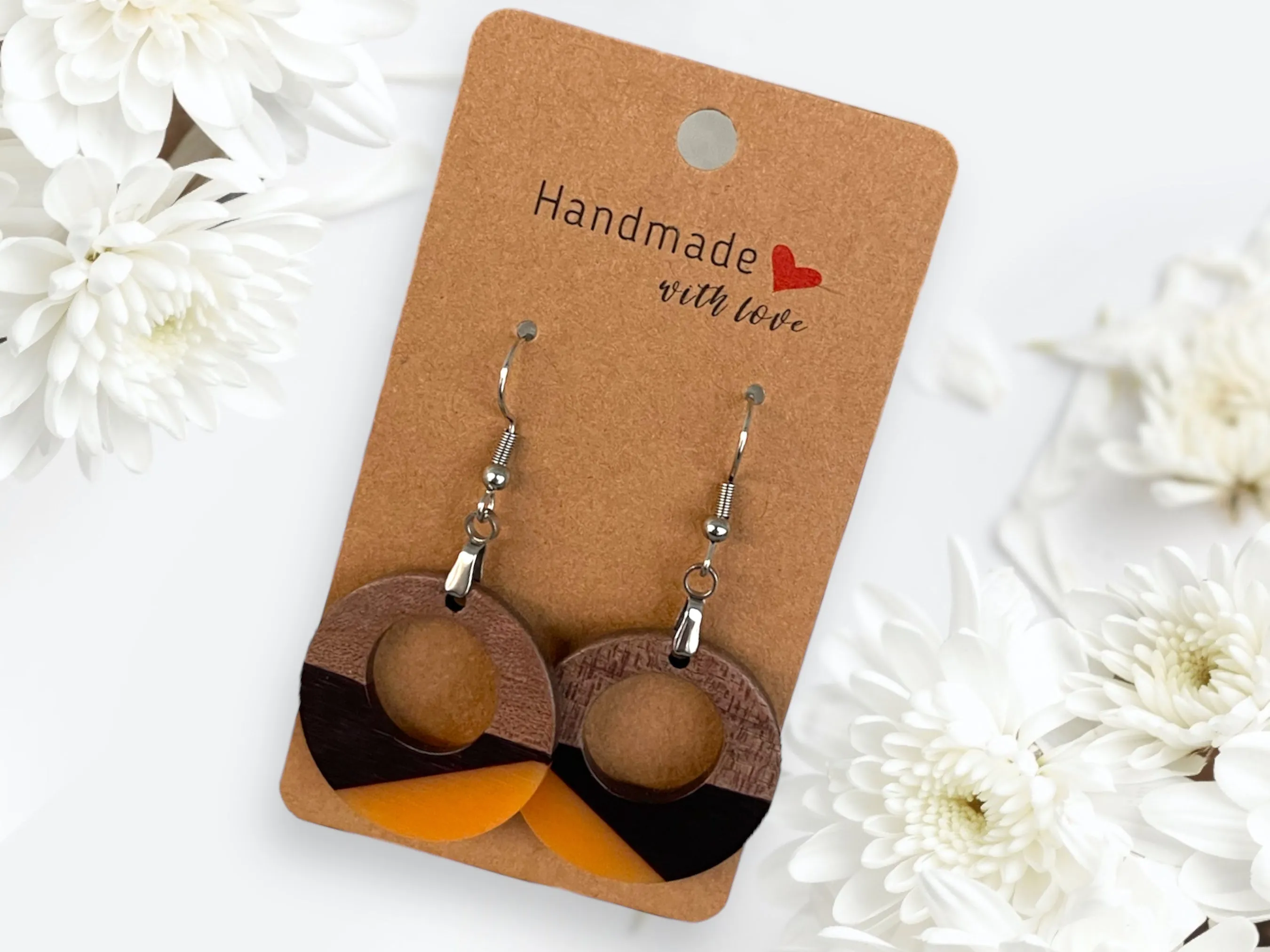Copy of Copy of EARRINGS Natural Wood  [White & Black Resin, or Grey or Coral] Stainless steel Hypo-Allergenic Hooks [ Hanging Dangle Boho] Light weight Wood