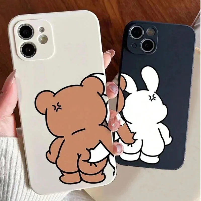 Couple Cartoon Rabbit & Bear Pattern Cases For iPhone 15 12 13 14 11 Pro Max 14 15 7 8 Plus X XR XS Max SE 2020 Soft Cover