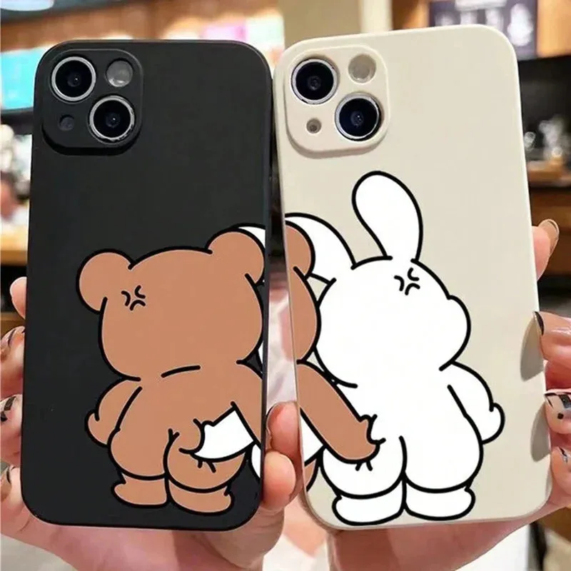 Couple Cartoon Rabbit & Bear Pattern Cases For iPhone 15 12 13 14 11 Pro Max 14 15 7 8 Plus X XR XS Max SE 2020 Soft Cover