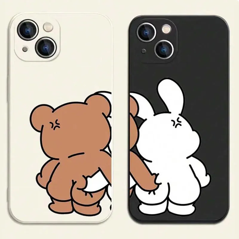 Couple Cartoon Rabbit & Bear Pattern Cases For iPhone 15 12 13 14 11 Pro Max 14 15 7 8 Plus X XR XS Max SE 2020 Soft Cover