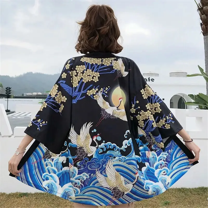 Crane & Samurai Japanese Style 3/4 Sleeve Kimono