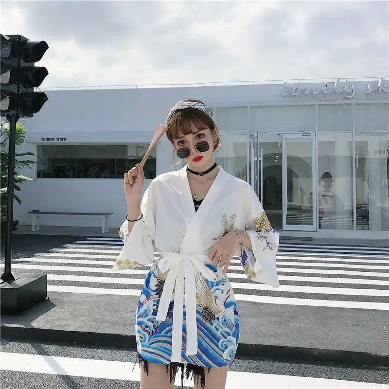 Crane & Samurai Japanese Style 3/4 Sleeve Kimono