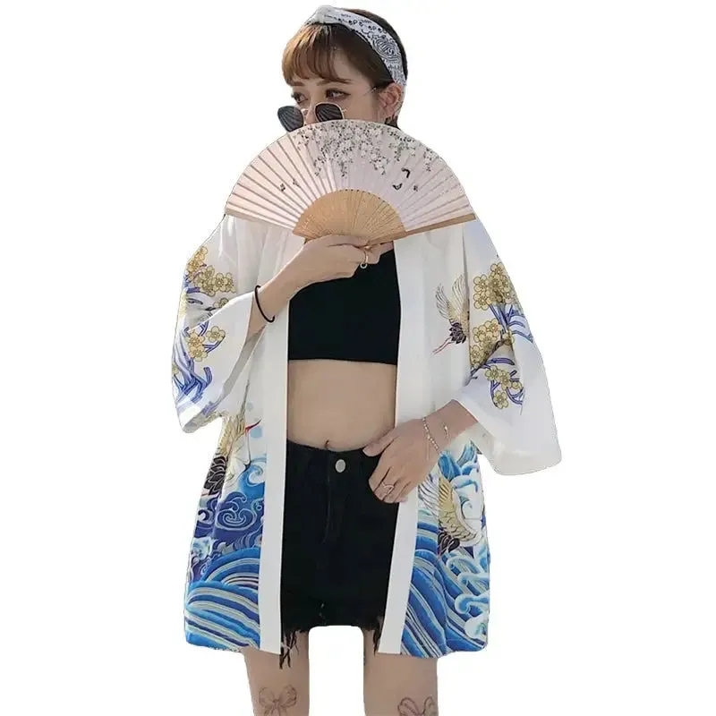 Crane & Samurai Japanese Style 3/4 Sleeve Kimono