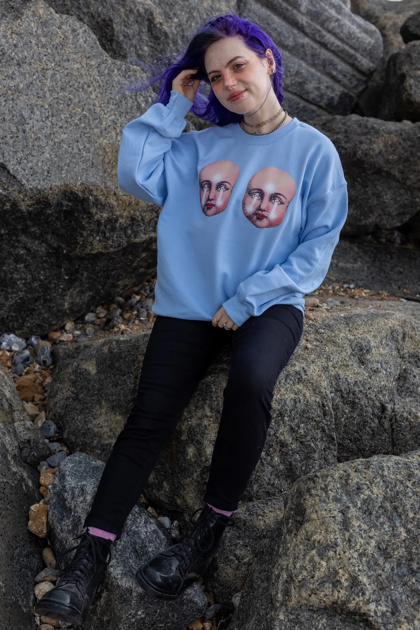 Creepy Doll Faces Pastel Blue Sweater