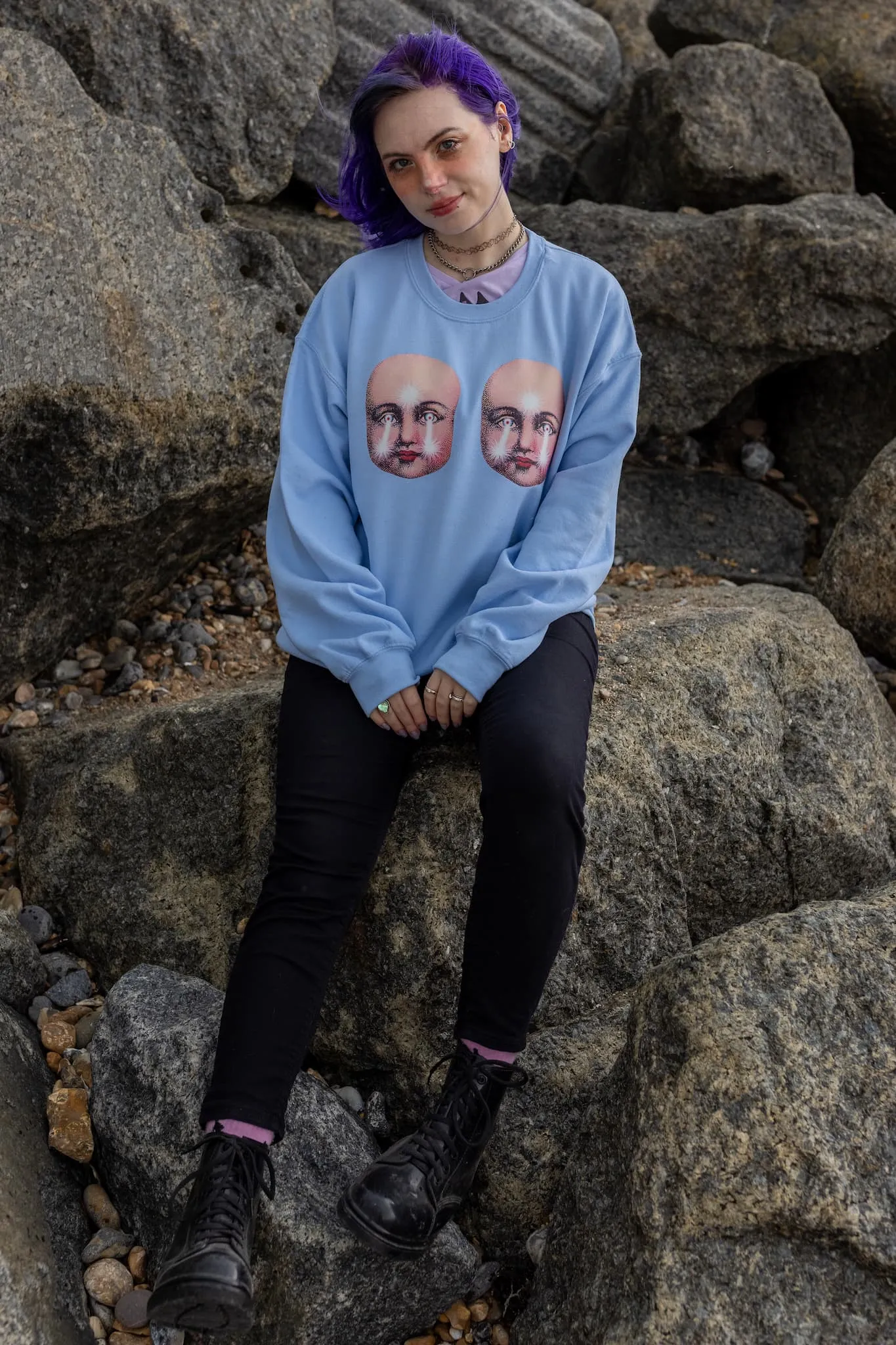 Creepy Doll Faces Pastel Blue Sweater