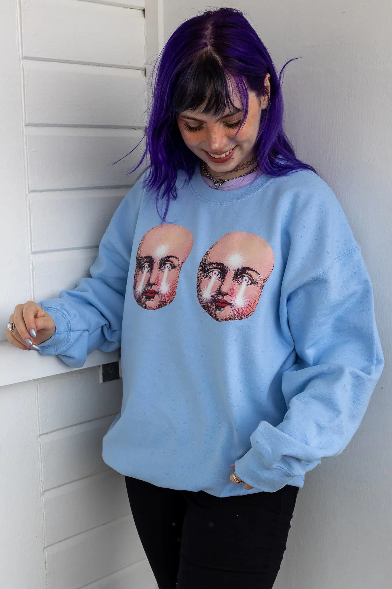 Creepy Doll Faces Pastel Blue Sweater