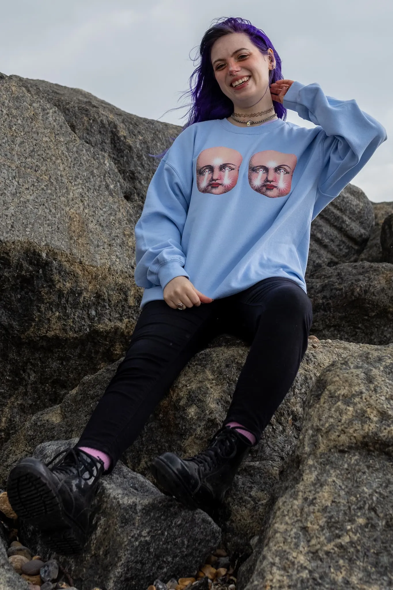 Creepy Doll Faces Pastel Blue Sweater