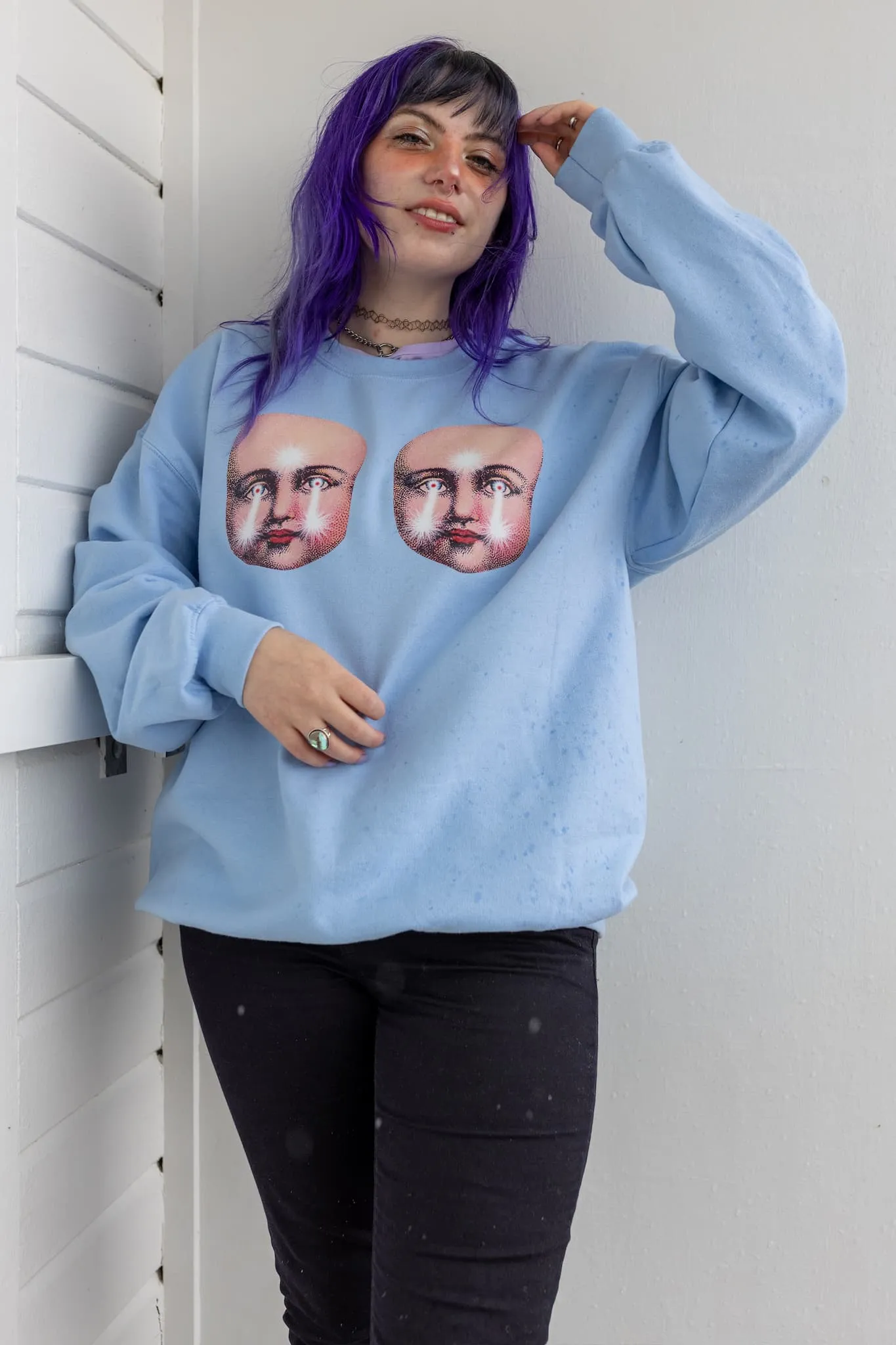 Creepy Doll Faces Pastel Blue Sweater