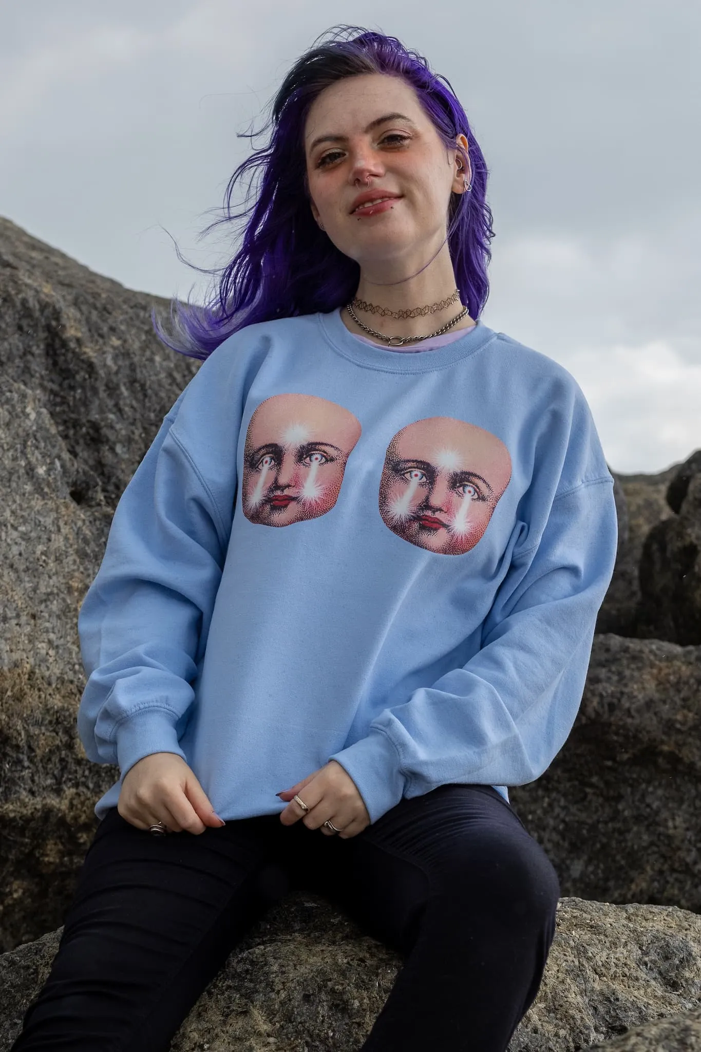 Creepy Doll Faces Pastel Blue Sweater