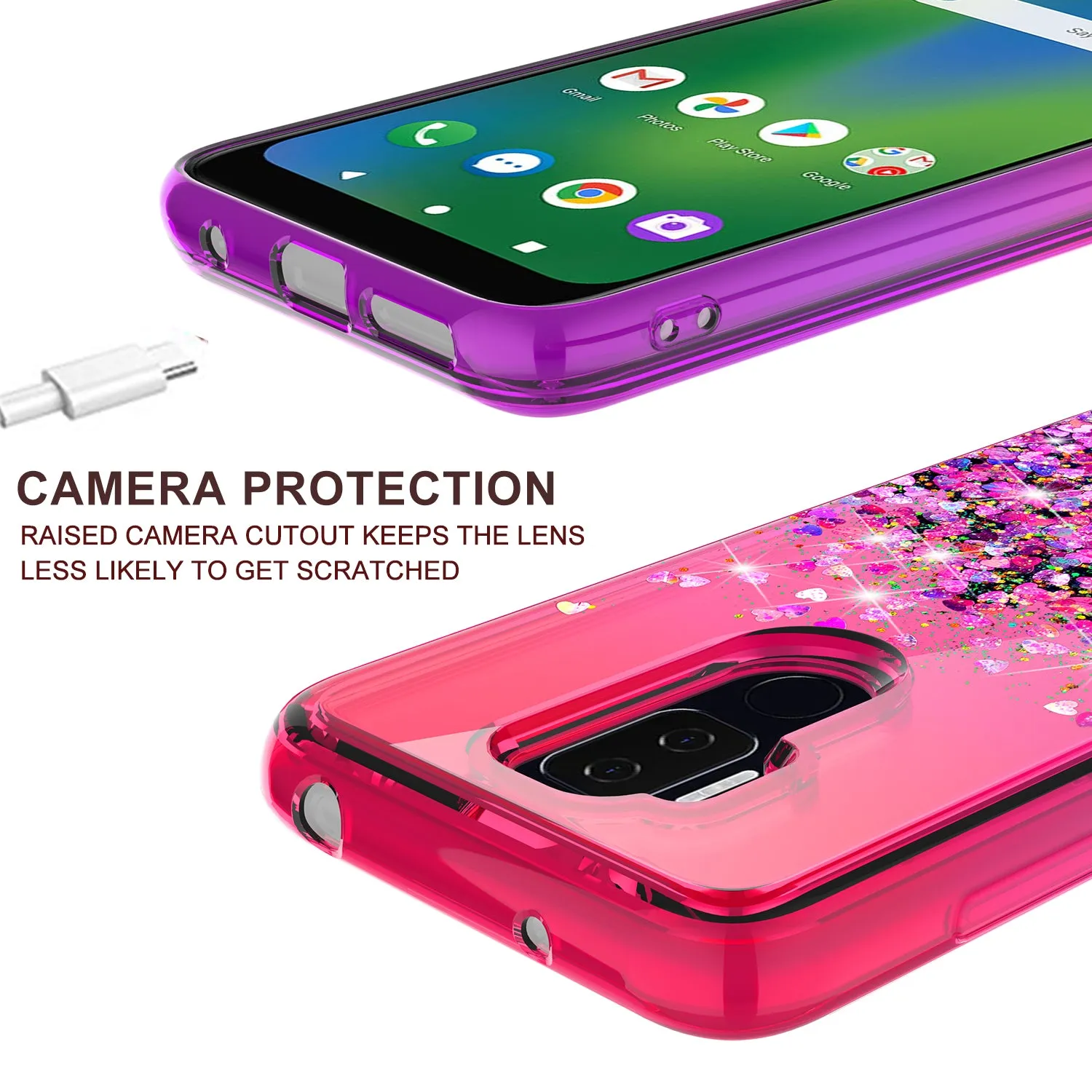 Cricket Influence / AT&T Maestro Plus Case Liquid Glitter Phone Case Waterfall Floating Quicksand Bling Sparkle Cute Protective Girls Women Cover for Cricket Influence / AT&T Maestro Plus w/ Tempered Glass - (Hot Pink/Purple Gradient)