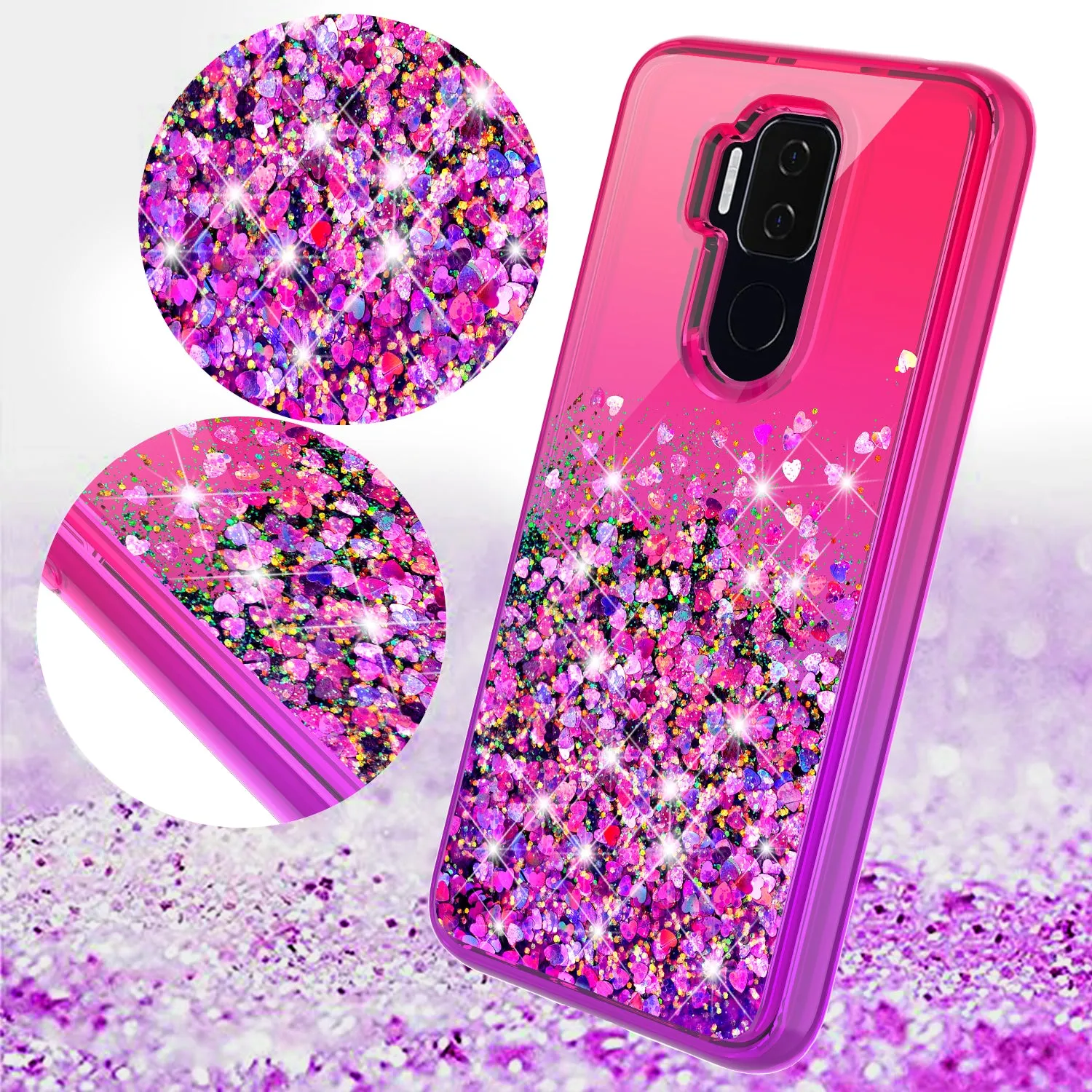 Cricket Influence / AT&T Maestro Plus Case Liquid Glitter Phone Case Waterfall Floating Quicksand Bling Sparkle Cute Protective Girls Women Cover for Cricket Influence / AT&T Maestro Plus w/ Tempered Glass - (Hot Pink/Purple Gradient)