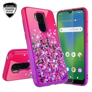 Cricket Influence / AT&T Maestro Plus Case Liquid Glitter Phone Case Waterfall Floating Quicksand Bling Sparkle Cute Protective Girls Women Cover for Cricket Influence / AT&T Maestro Plus w/ Tempered Glass - (Hot Pink/Purple Gradient)