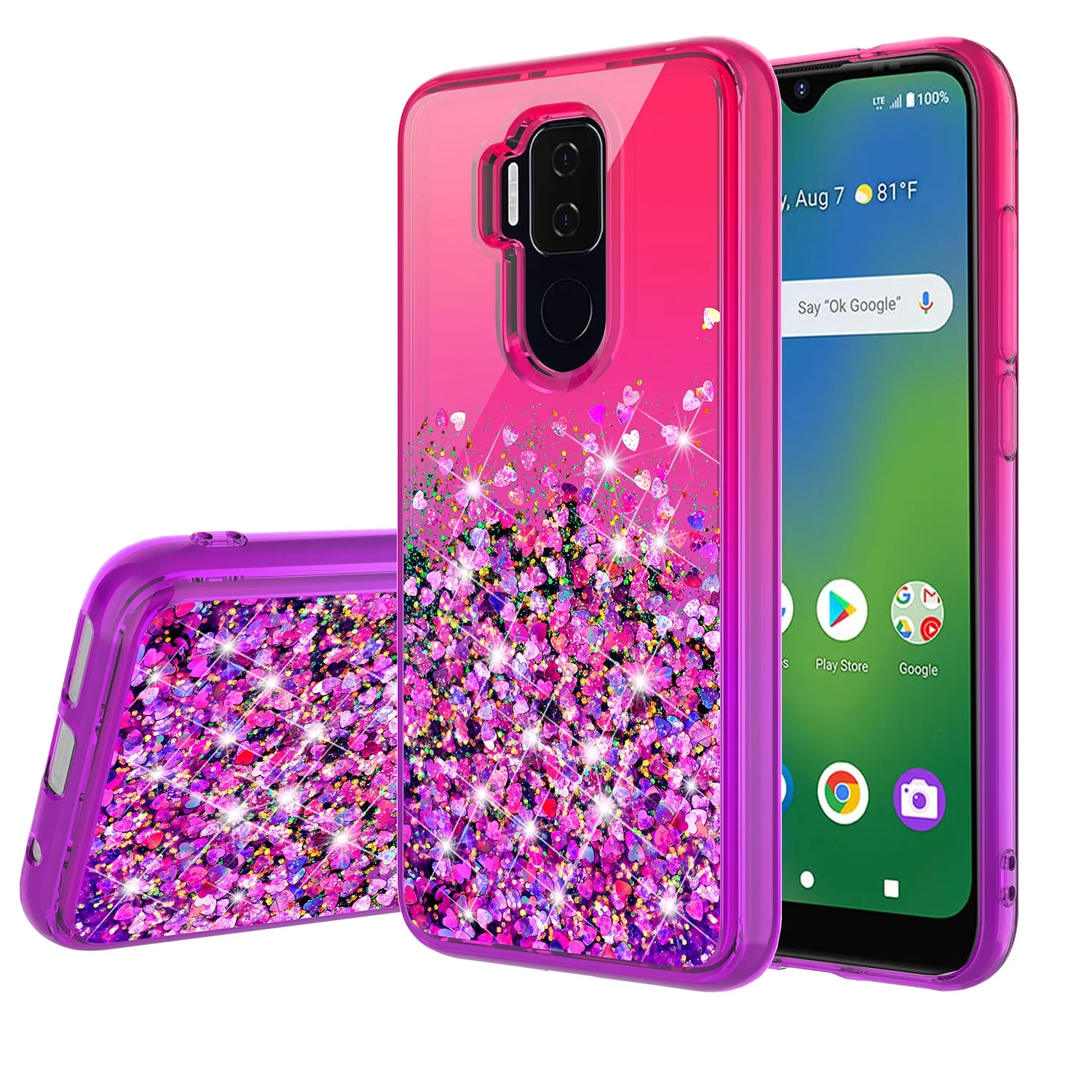 Cricket Influence / AT&T Maestro Plus Case Liquid Glitter Phone Case Waterfall Floating Quicksand Bling Sparkle Cute Protective Girls Women Cover for Cricket Influence / AT&T Maestro Plus w/ Tempered Glass - (Hot Pink/Purple Gradient)